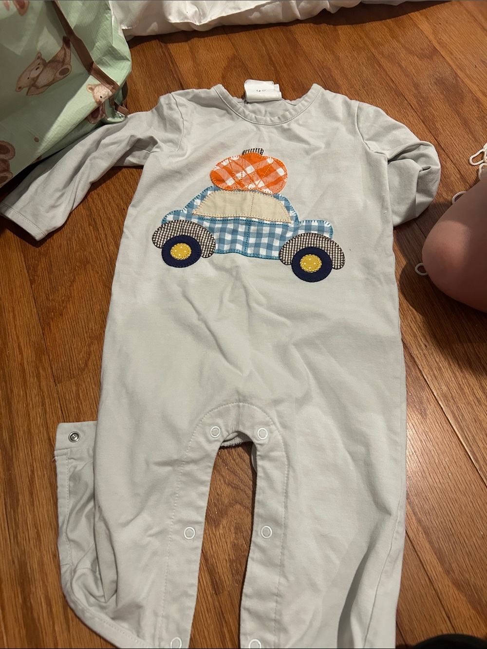 Baby One-Piece Romper with Blue Gingham Car and Orange Pumpkin